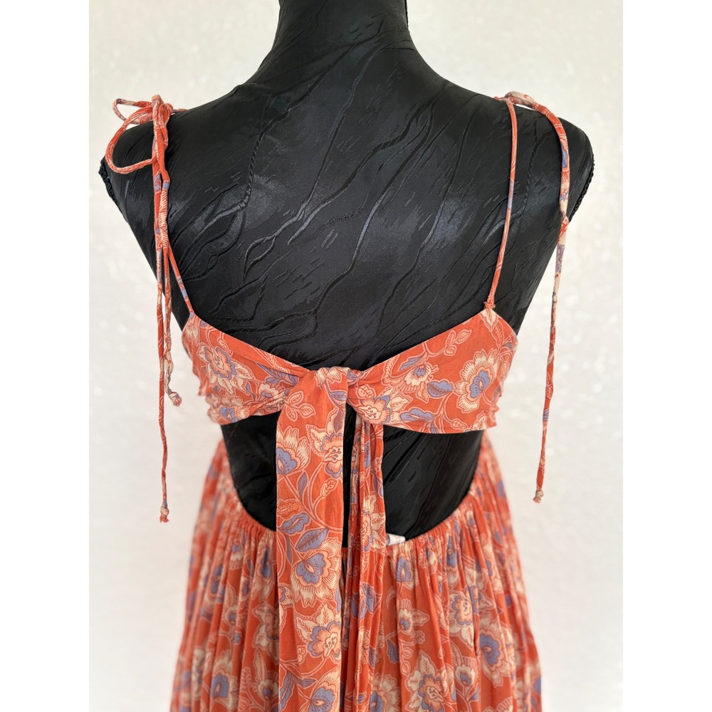 Olivaceous Floral Maxi Dress Womens M Orange Blue Boho Open Back Tie S2180